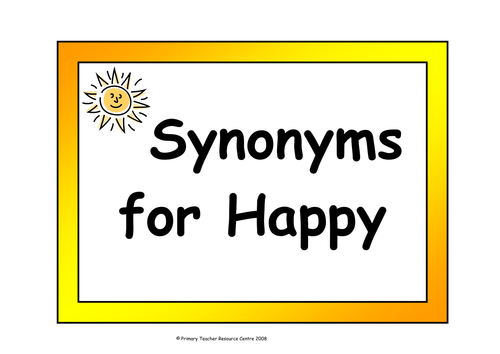 Synonyms display vocabulary cards for happy and sad