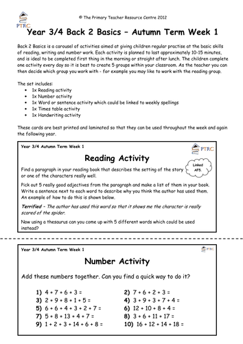 Year 3/4 Back 2 Basics Weekly Activities - Autumn Term Pack