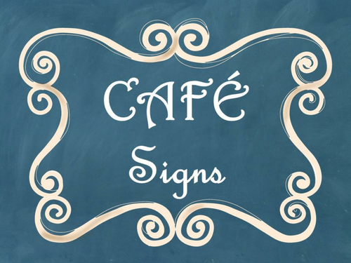 Cafe Daily 5 Bulletin Board Posters/Signs (Blue Chalkboard/Curly Frames Theme)