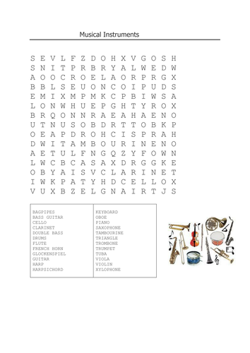 Musical Instruments Wordsearch