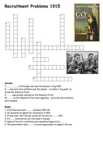 British Recruitment in World War One Cross Word