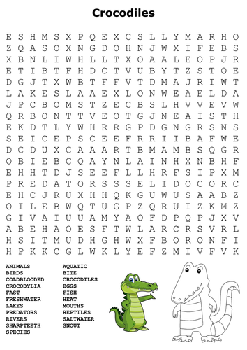 Crocodiles Word Search and Color