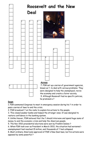 FDR (Roosevelt) and the New Deal Crossword Teaching Resources