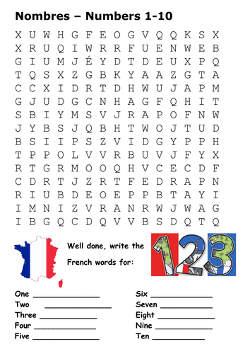 French Numbers 1 to 10 Word Search