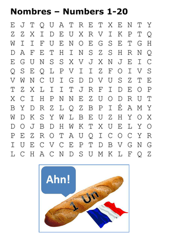 French Numbers 1 to 20 Word Search