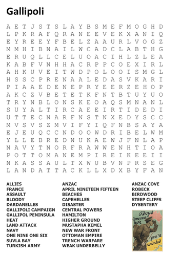 Gallipoli Word Search