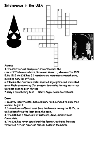 Intolerance and the KKK in the 1920s Crossword