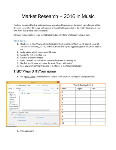 KS2/3 Table Task - Microsoft Word