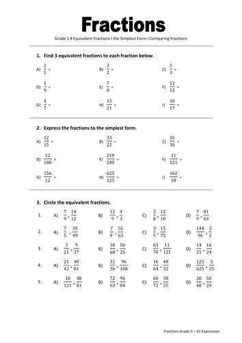 Math Grade 5 Fractions 001 Equivalent Fractions I The Simplest Form I Comparing Fractions Teaching Resources