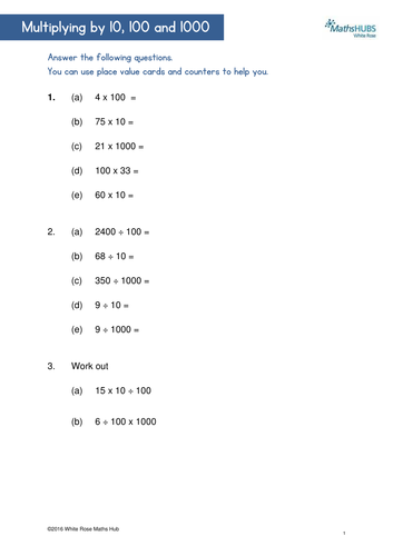 Multiply By 10 100 And 1000 Worksheet