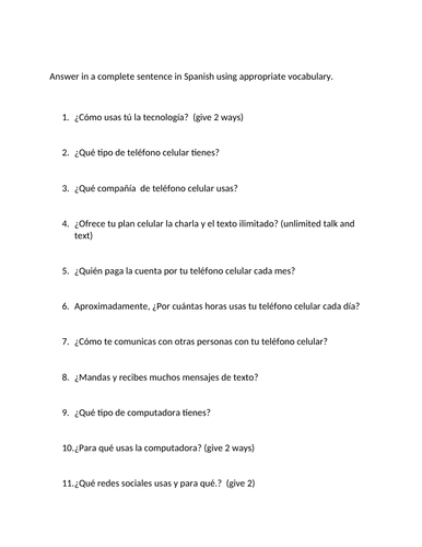 Technology questions speaking activity