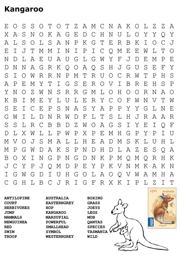 Kangaroo Word Search and Color