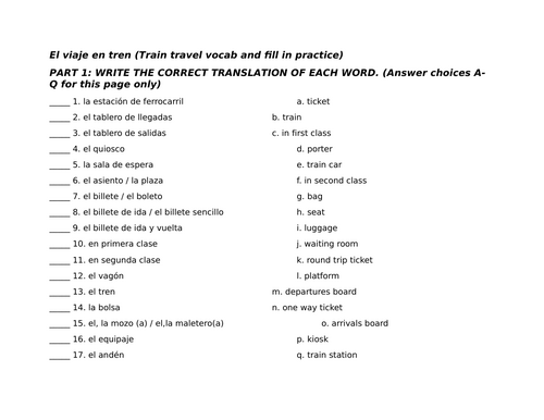 El viaje en tren (Train travel vocab and fill in practice)
