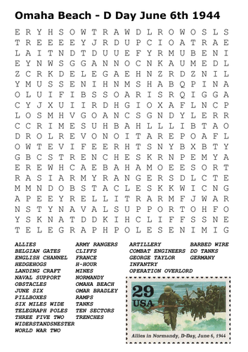 Omaha Beach - D Day World War Two Word Search
