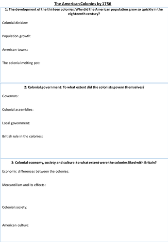 A-level: The American Colonies up until 1756 Worksheet