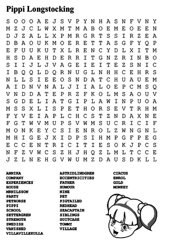 Pippi Longstocking Word Search and Color