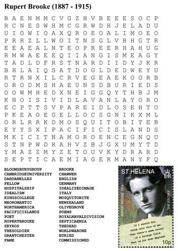 Rupert Brooke World War One Poetry Word Search