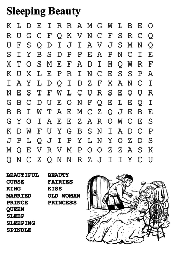 Sleeping Beauty Word Search and Coloring