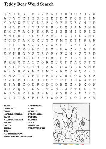 Teddy Bear Word Search and Color by Numbers