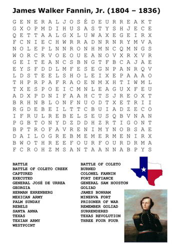 texas revolution james fannin word search teaching resources