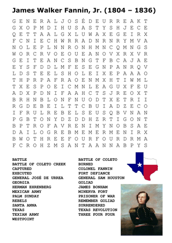 Texas Revolution - James Fannin Word Search | Teaching Resources