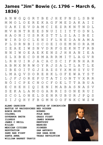 The Alamo - James Bowie Word Search