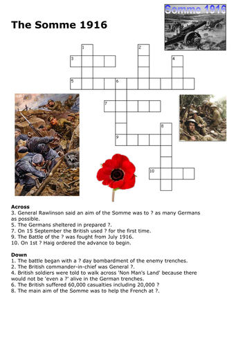 The Battle of the Somme Cross Word- World War One