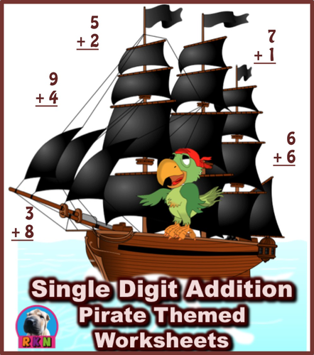 Single Digit Addition - Pirate Themed Worksheets - Vertical