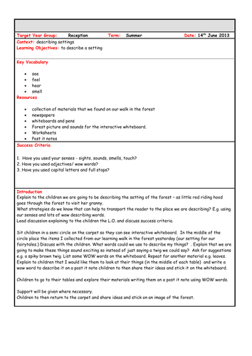 Lesson Plan of decribing a setting