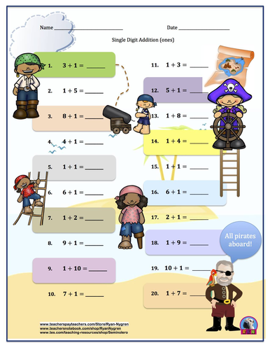 Single Digit Addition - Pirate Themed Worksheets - Horizontal