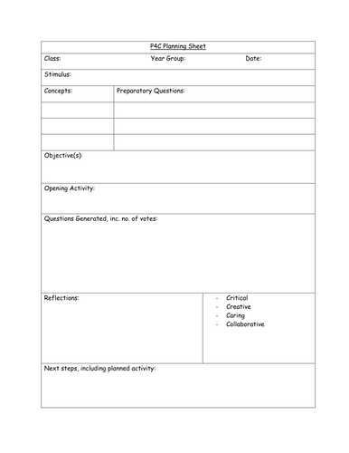 Blank Philosophy for Children planning sheet