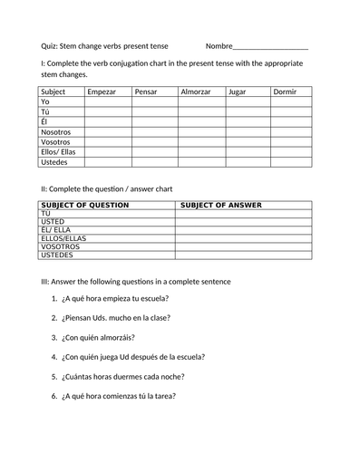 Quiz Stem Change Verbs Present Tense Teaching Resources