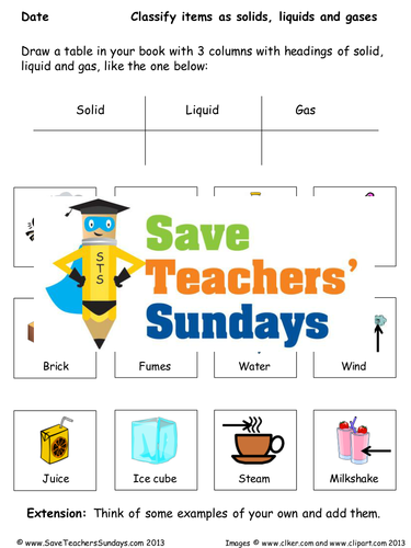 Classify Items as Solid, Liquid or Gas KS2 Lesson Plan. PowerPoint and Worksheet