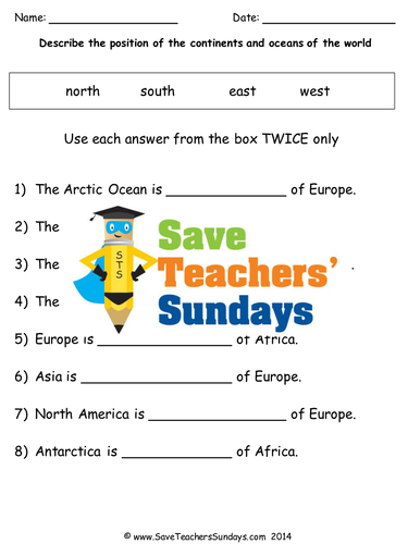 Continents and Oceans KS1 Lesson Plan, Map and Worksheet