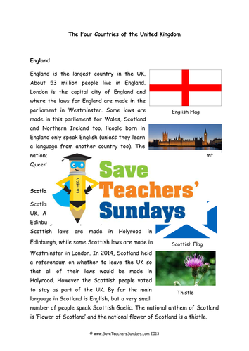 The Four Countries of the UK KS1 Lesson Plan, Information Text and Worksheets