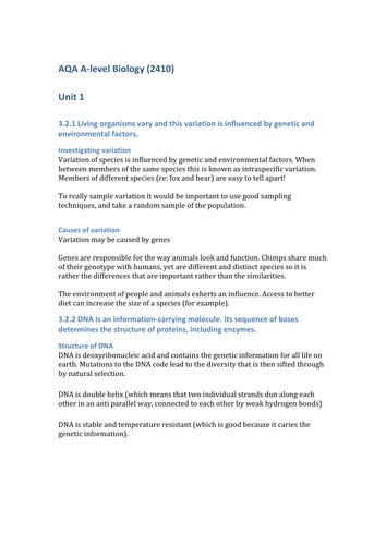 GCE AS Level Biology Unit 2 notes for AQA