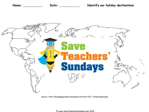 Our Favourite Holiday Destinations KS2 Lesson Plan, World Map and Worksheet
