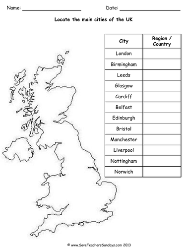 Cities and Regions of the UK KS2 Lesson Plan, Map and Worksheet