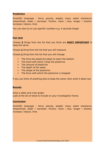 Investigation on Water Resistance KS2 Lesson Plan, Prompt Sheet and Bar Graph Frame