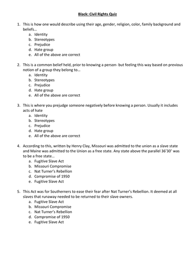 Civil Rights For African Americans Throughout American History Multiple Choice Quiz 50 Questions Teaching Resources