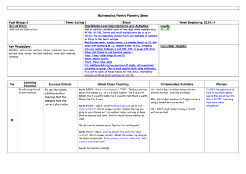 Adding and Subtracting using formal written methods planning and resources -  Year 5