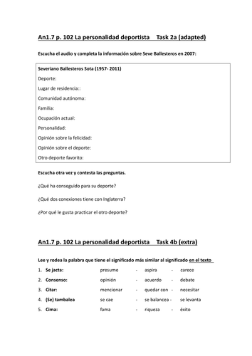 Animo 1 Unidad 7 El deporte - Listening Task 2a p102