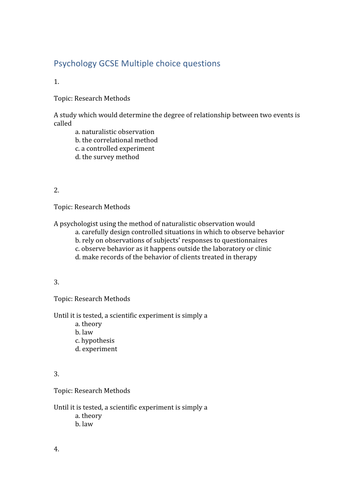 GCSE Psychology Unit 1 Multiple choice questions