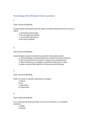 GCSE Psychology Unit 2 Multiple choice questions