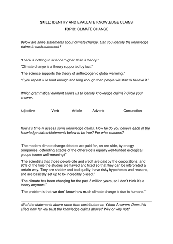 Identify and evaluate knowledge claims (climate change) - Global Perspectives/TOK/Critical Thinking