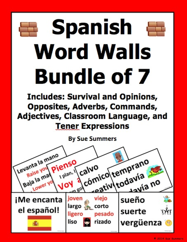 Spanish Word Wall Bundle of 7 Walls - 156 Pages, 284 Words and Phrases