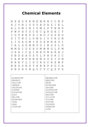 Chemical Elements Wordsearch