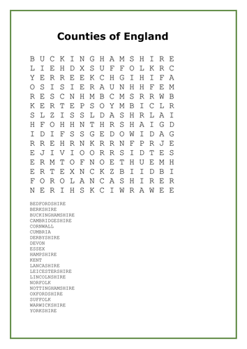 Counties of England Wordsearch