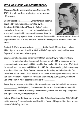 Who was Claus von Stauffenberg Cloze Activity