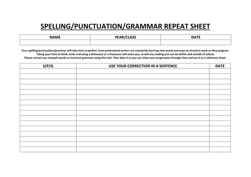 SPELLING, PUNCTUATION AND GRAMMAR - REPEAT SHEET